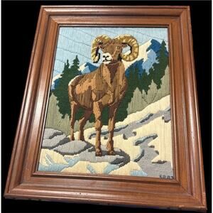 Vintage Framed Cross Stitch Rocky Mountain Bighorn Sheep Ram Signed EG 1987